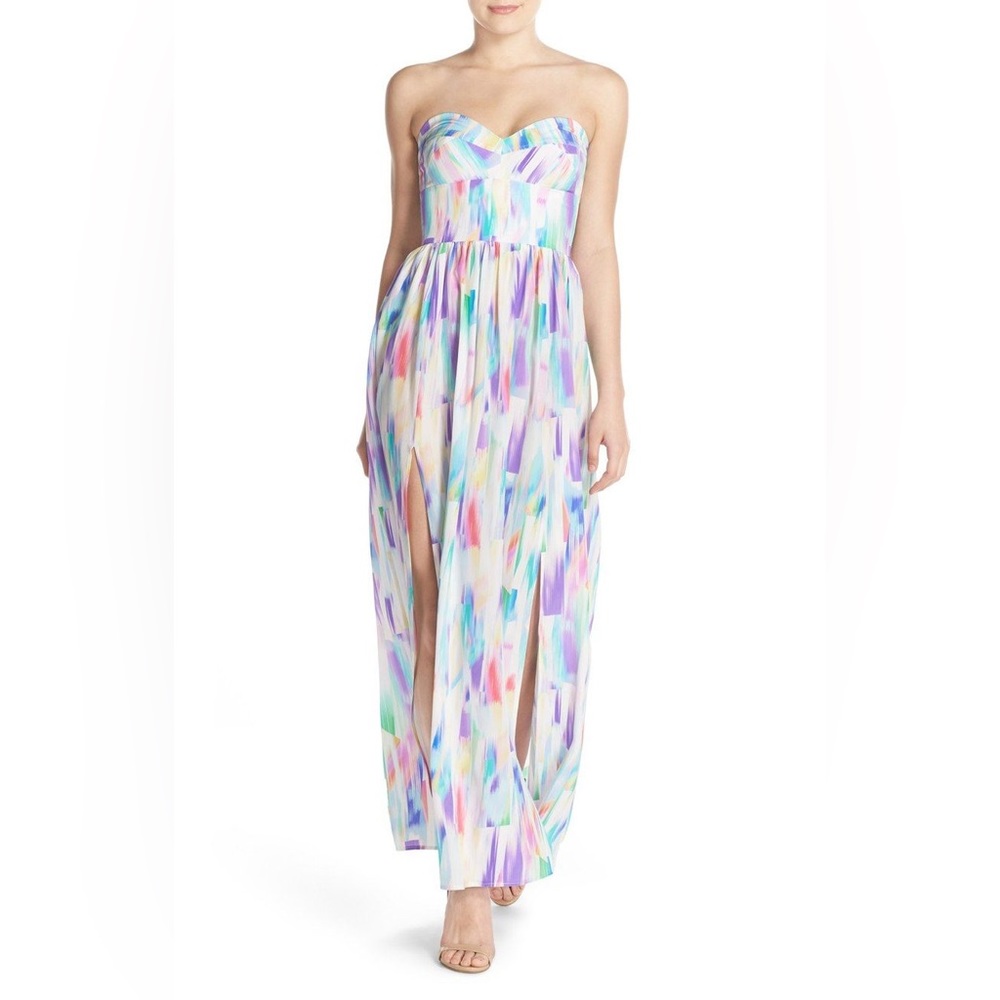 Amanda Uprichard Watercolor Rainbow Pastel Gisele Strapless Maxi Dress